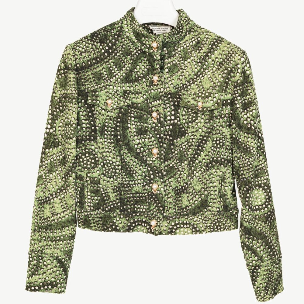 St. John Sport Green Dot-Print Cropped Denim Jacket